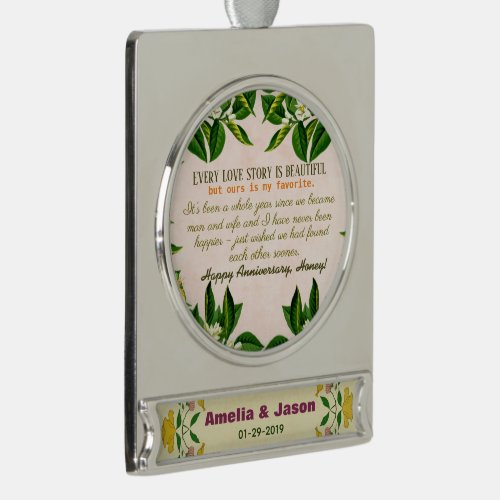 Personalized Couples 1st Wedding Anniversary Silver Plated Banner Ornament