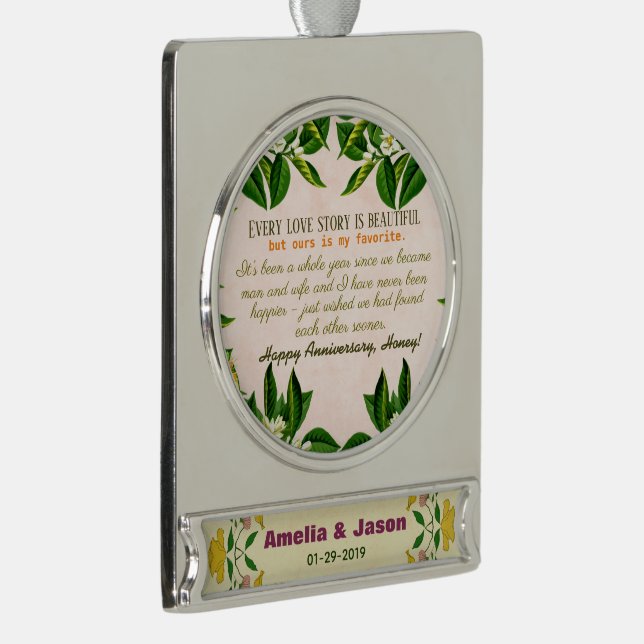 Personalized Couples 1st Wedding Anniversary Silver Plated Banner Ornament (Right)