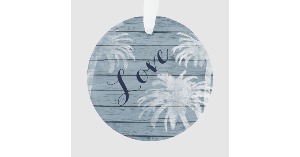 Personalized Couples Beach Palm Trees on Wood LOVE Ornament | Zazzle