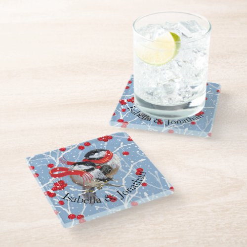 Personalized Couples Christmas  Chickadees Glass Coaster