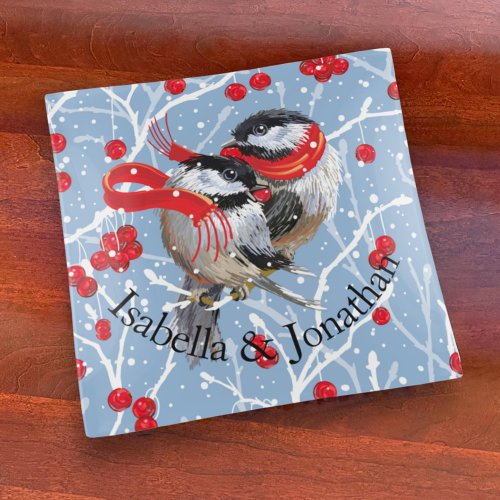 Personalized Couples Christmas  Chickadees Trinket Tray