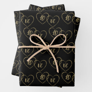 Personalized Couple's Gold and Black Heart Charms Wrapping Paper Sheets