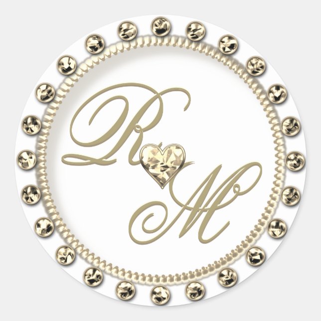 Personalized Couples Monogram Gold White Classic Round Sticker (Front)