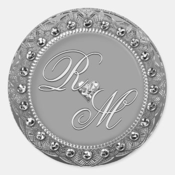Personalized Couples Monogram Silver Sear Classic Round Sticker by GlitterInvitations at Zazzle