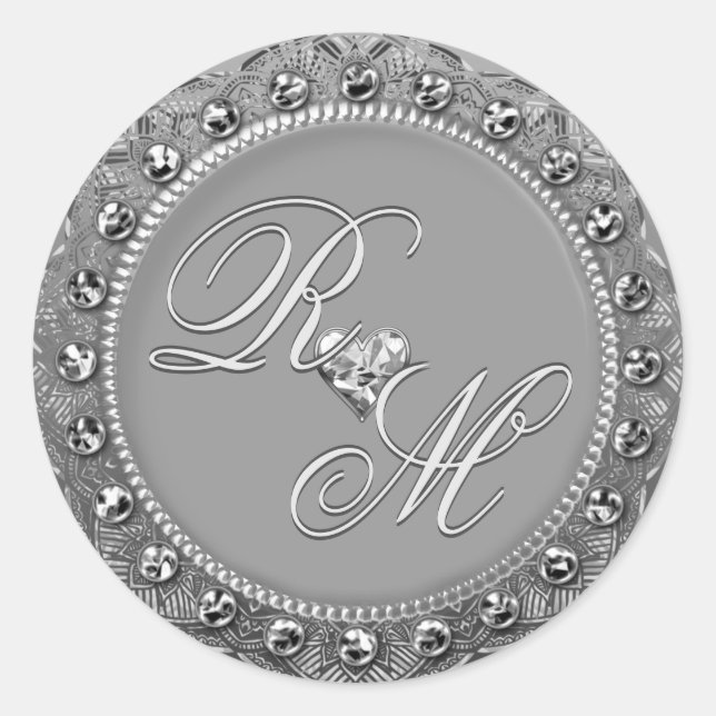 Personalized Couples Monogram Silver Sear Classic Round Sticker (Front)