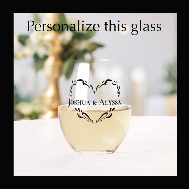 Personalized Couple's Names Whimsical Heart Gift Stemless Wine Glass (Add the couple’s names to my original elegant heart template for a keepsake commemorative gift glass)