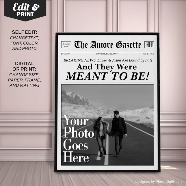 Personalized Couples Newspaper Print 'Meant to Be' (Personalized Couples Newspaper Print 'And they Were Meant to Be')