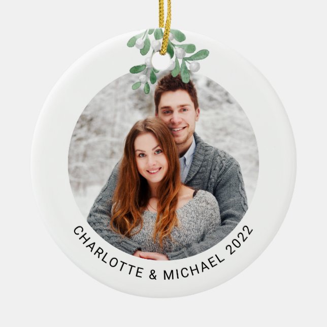 Personalized Couples Photo Botanical Ceramic Ornament (Front)