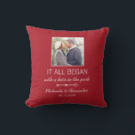 Personalized Couples Photo Newlywed Anniversary Throw Pillow<br><div class="desc">Every couple has a unique story about where it all began. This red pillow with elegant white text can be customized to any couple,  with their names,  the date of their anniversary (first date,  wedding,  engagement,  etc),  as well as a picture of the happy couple. A truly unique keepsake!</div>