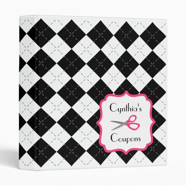 Personalized Coupon Organizer - Argyle & Pink Binder (Front/Spine)