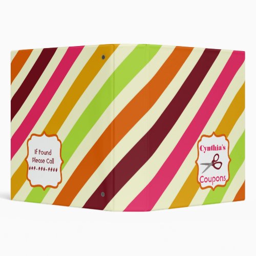 Personalized Coupon Organizer _ Multicolor Stripes 3 Ring Binder
