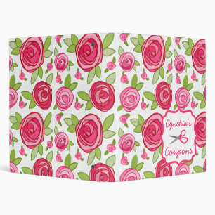 Personalized Coupon Organizer - Pink Roses 3 Ring Binder