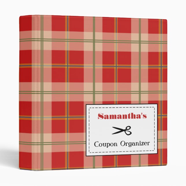 Personalized Coupon Organizer - Red Plaid Binder (Front/Spine)