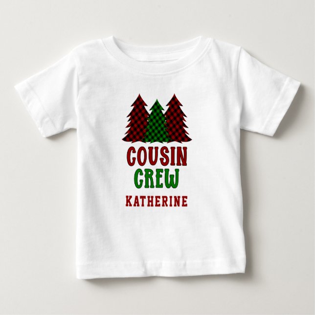 Personalized Cousin Crew Plaid Christmas Tree Baby T-Shirt (Front)