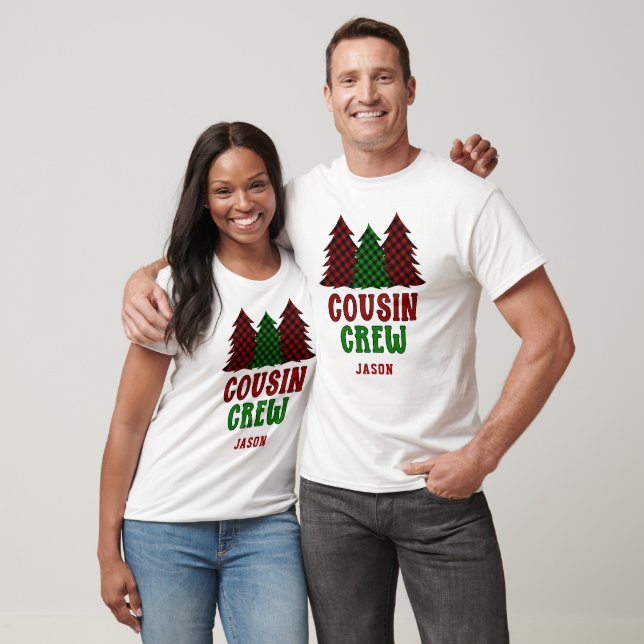 Personalized Cousin Crew Plaid Christmas Tree T-Shirt (Unisex)
