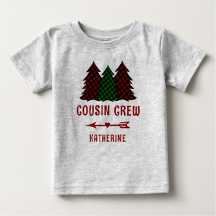 Personalized Cousin Crew Plaid Christmas Trees Baby T-Shirt