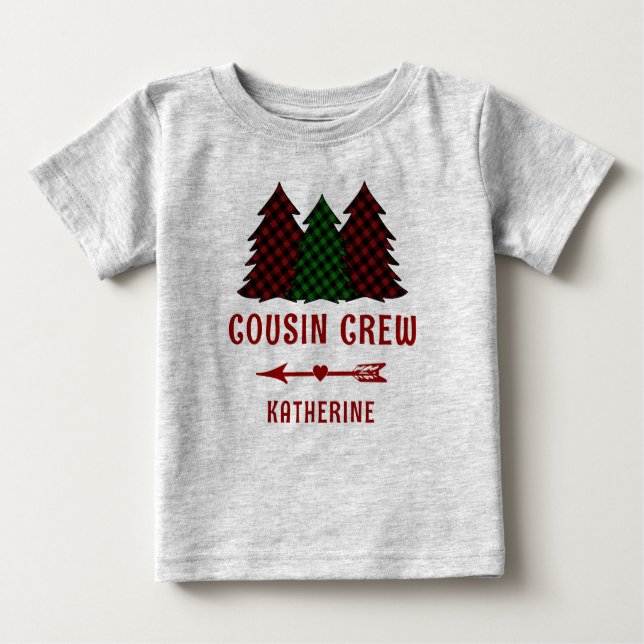 Personalized Cousin Crew Plaid Christmas Trees Baby T-Shirt (Front)