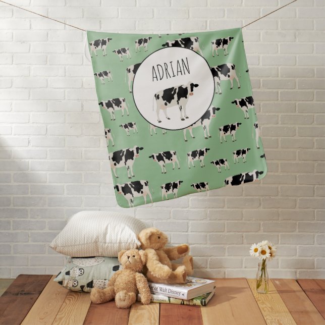 Personalized Cow Farm Animal Pattern Baby Blanket (In Situ)