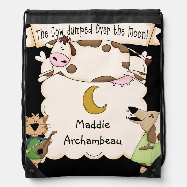 Personalized Cow Jumped Over Moon Drawstring Bag (Front)