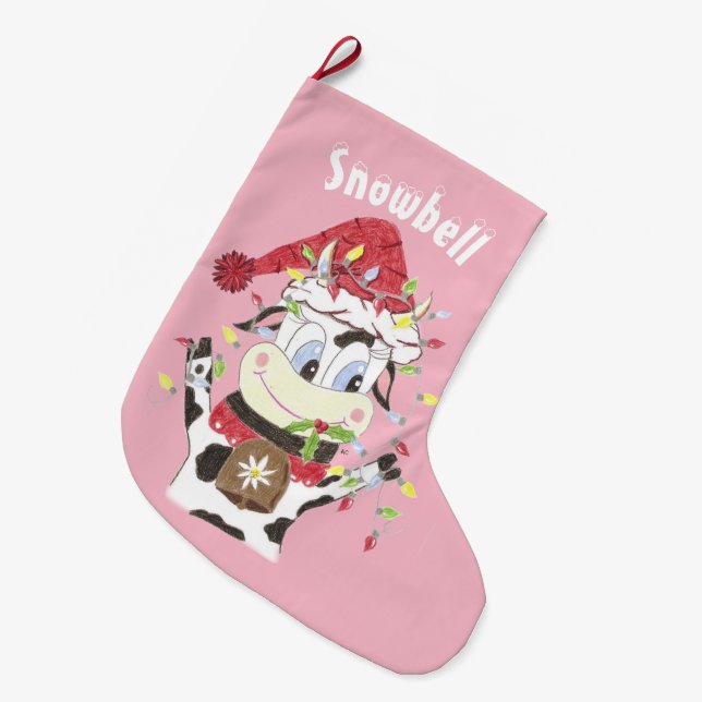 Personalized cow pink Christmas stocking (Front (Hanging))