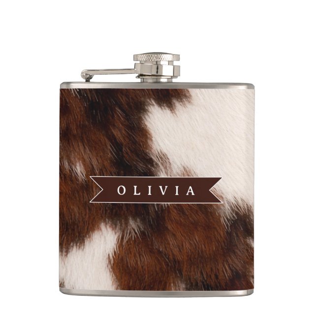 Personalized Cow Print Cowgirl Western Style Gift Flask (Front)