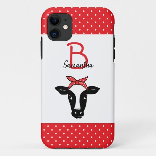 Personalized Cow Red White Polka Dots iPhone 11 Case