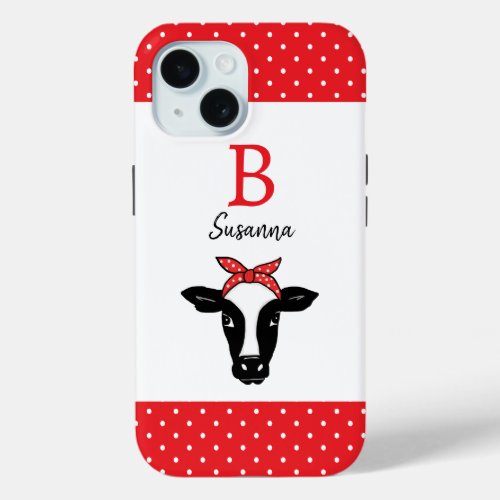 Personalized Cow Red White Polka Dots iPhone 15 Case