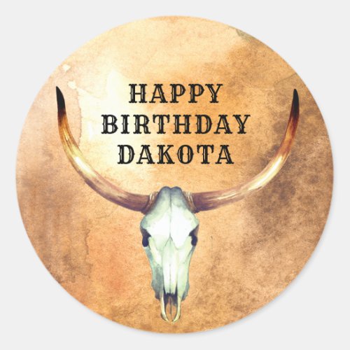 Personalized Cow Skull Steer Cowboy Birthday  Clas Classic Round Sticker