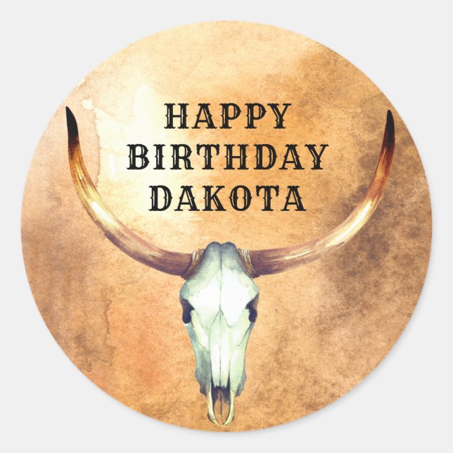 Personalized Cow Skull Steer Cowboy Birthday  Clas Classic Round Sticker (Front)
