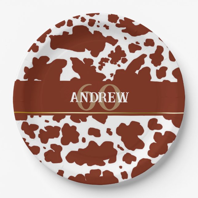 Personalized Cow Spots Print Farmer Birthday Paper Plates (Front)