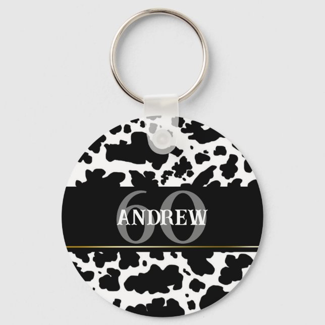 Personalized Cow Spots Print Farmer Cowboy Keychain (Front)