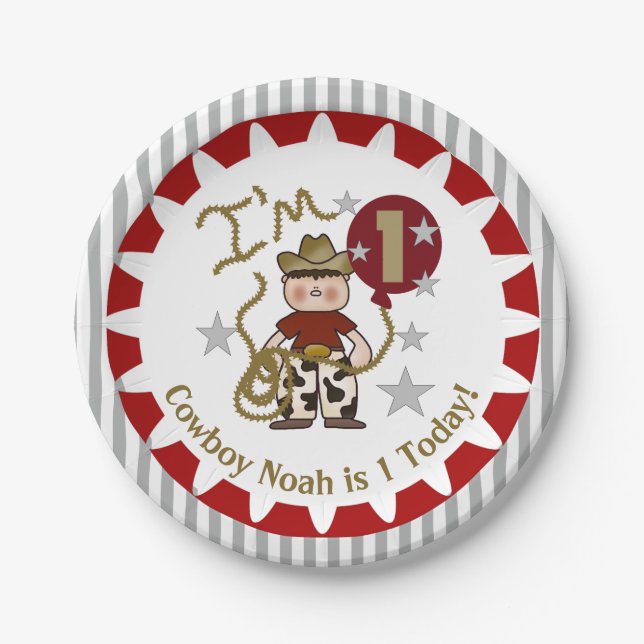 Personalized Cowboy 1st Birthday Paper Plates (Front)