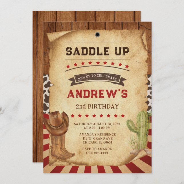Personalized Cowboy 2nd Birthday Invitation (Front/Back)