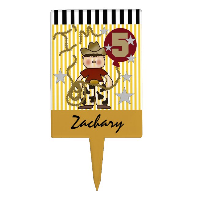 Personalized Cowboy 5th Birthday Cake Topper (Front)