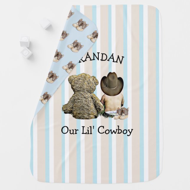 Personalized Cowboy and Teddy Bear Baby Blanket (In Situ)