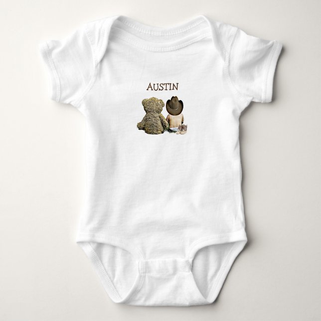 Personalized Cowboy and Teddy Bear Baby One Piece Baby Bodysuit (Front)