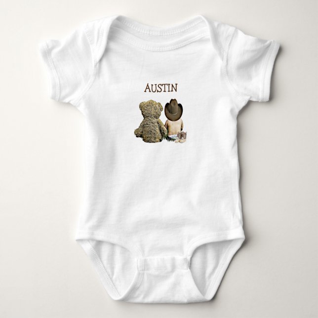 Personalized Cowboy and Teddy Bear Baby One Piece Bodysuit (Front)
