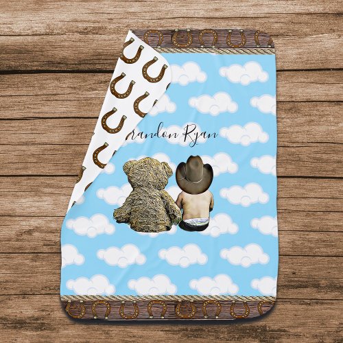 Personalized Cowboy Baby Boy and Teddy Bear   Baby Blanket