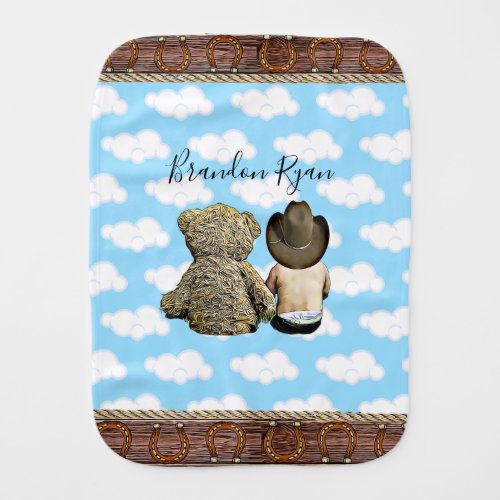 Personalized Cowboy Baby Boy and Teddy Bear   Baby Burp Cloth