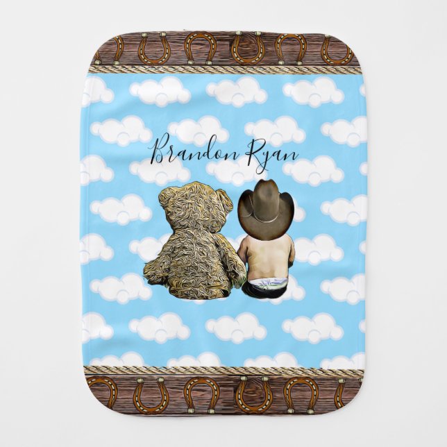 Personalized Cowboy Baby Boy and Teddy Bear   Baby Burp Cloth (Front)
