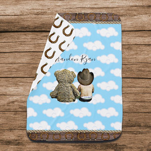 Personalized Cowboy Baby Boy and Teddy Bear   Blanket
