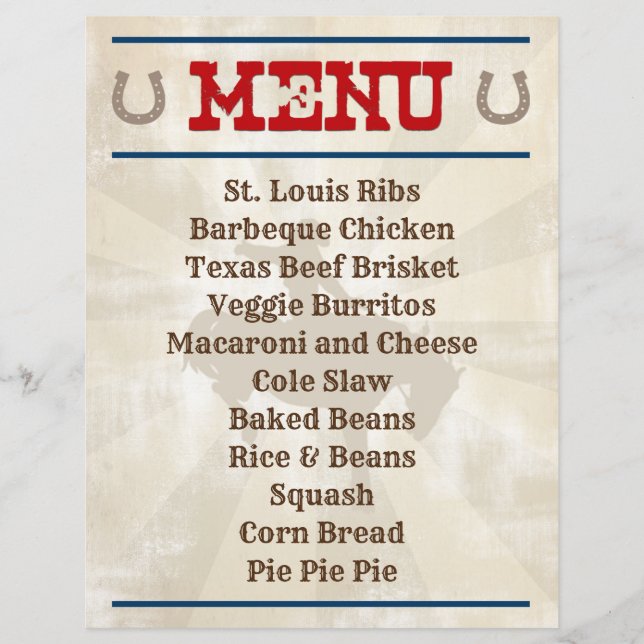 Personalized Cowboy Hoedown Party Menu (Front)