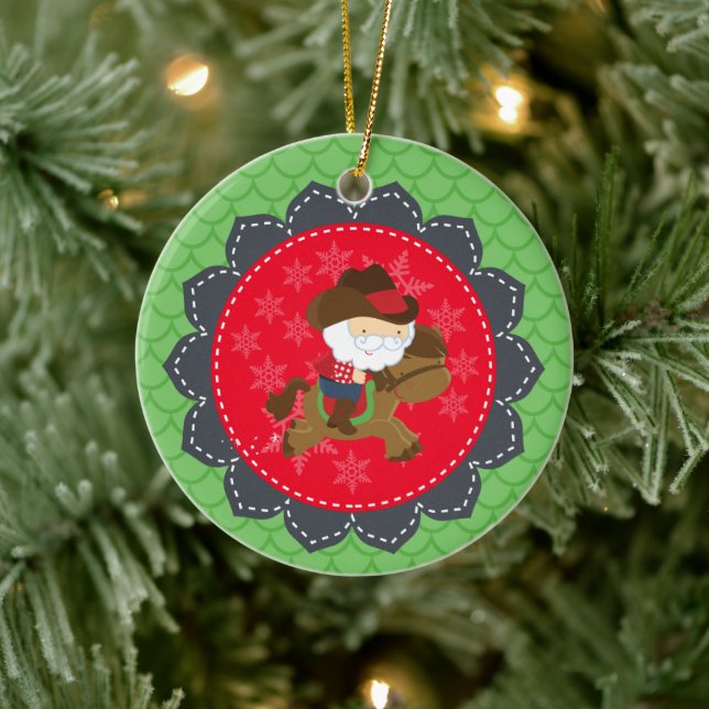 Personalized Cowboy Santa Riding Horse Christmas Ceramic Ornament (Tree)