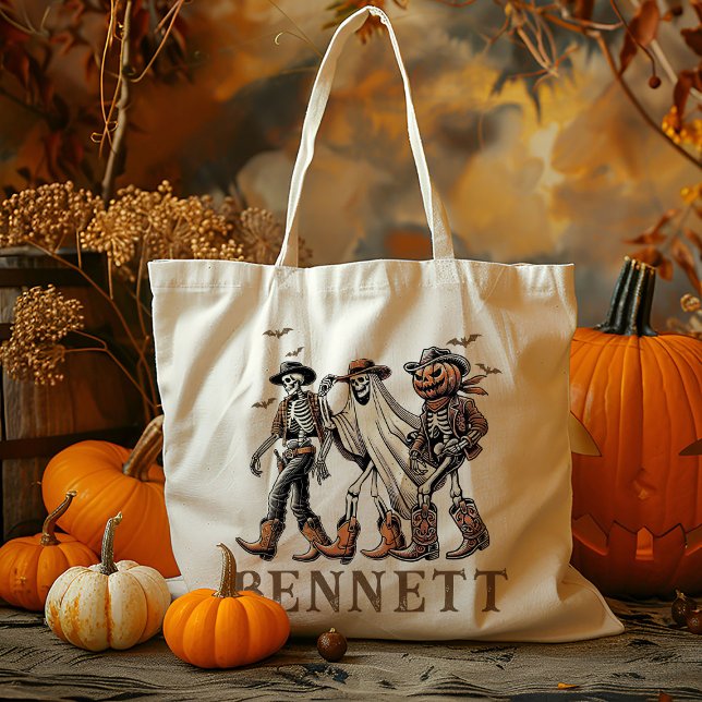 Personalized Cowboy Skeleton Trick Or Treat Candy Tote Bag (Creator Uploaded)