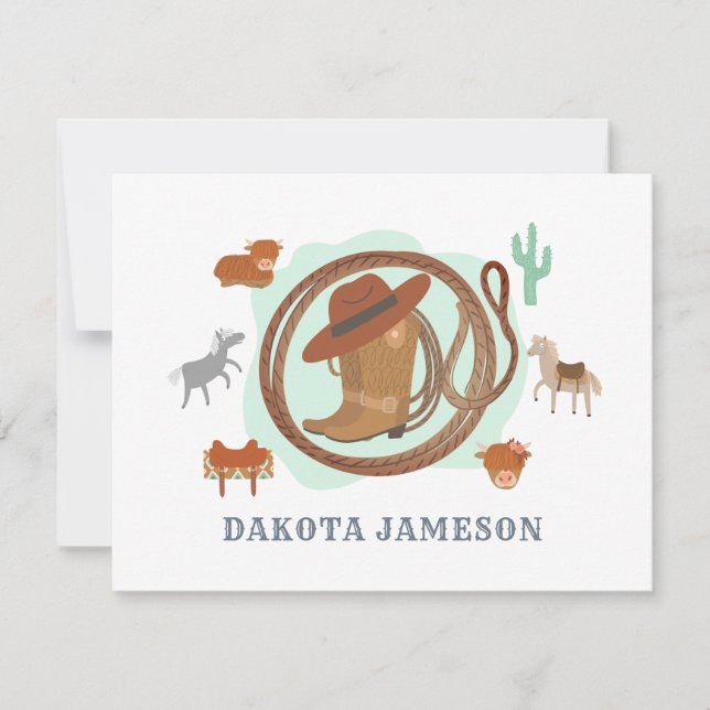 Personalized Cowboy Theme Boy's  Note Card (Front)