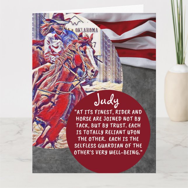 Personalized Cowgirl Barrel Racer Red White Blue Card (Front)