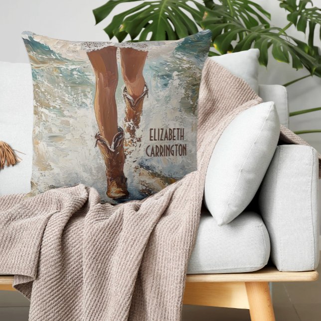 Personalized Cowgirl Beach Pillow – Custom Gift (Cowgirl Boots Walking on Beach Ocean Waves Personalized Western Gift for Girls and Women)