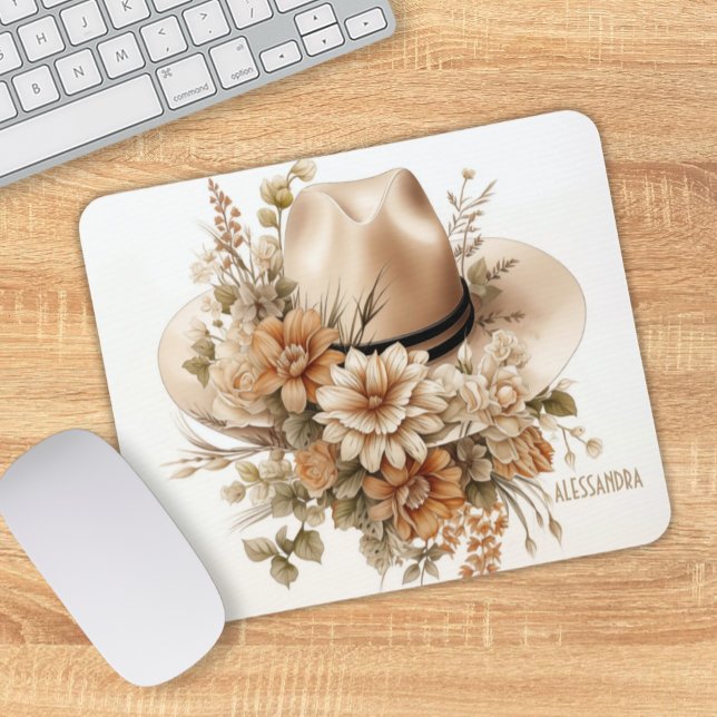 Personalized Cowgirl Hat Mouse Pad Rustic Western (Elegant Shabby Chic Cowgirl Hat with Wildflowers Personalized Mouse Pad)