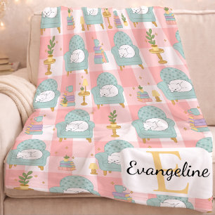 Personalized Cozy Aesthetic Cat Pattern Girl Pink Fleece Blanket