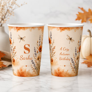 Personalized Cozy Autumn Birthday Wildflower Drago Paper Cups